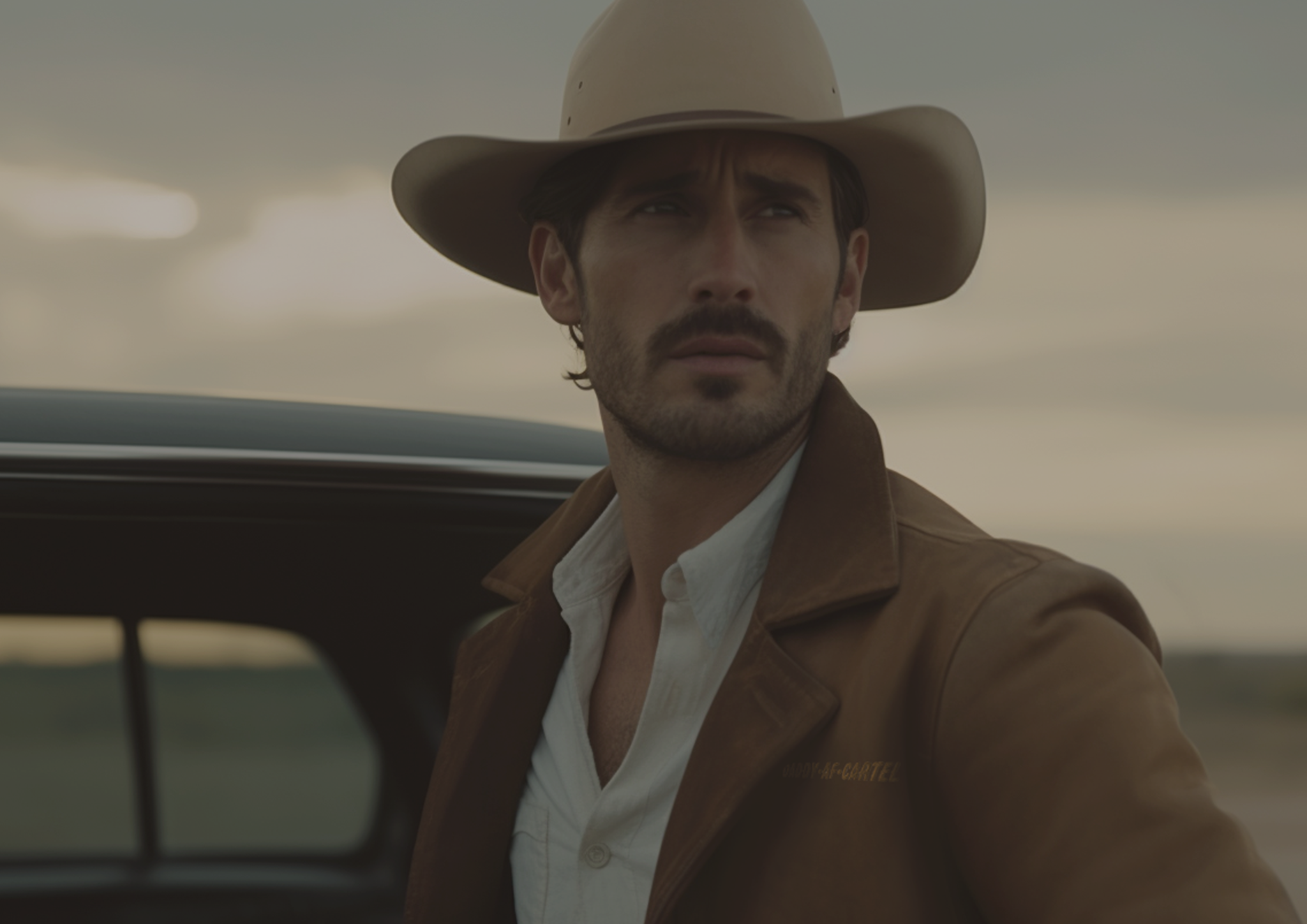 Handsome Latino Cowboy wearing a leather-brown DaddyAFCartel coat with gold luxury embroidered logo on the right of the Coat and cowboy hat